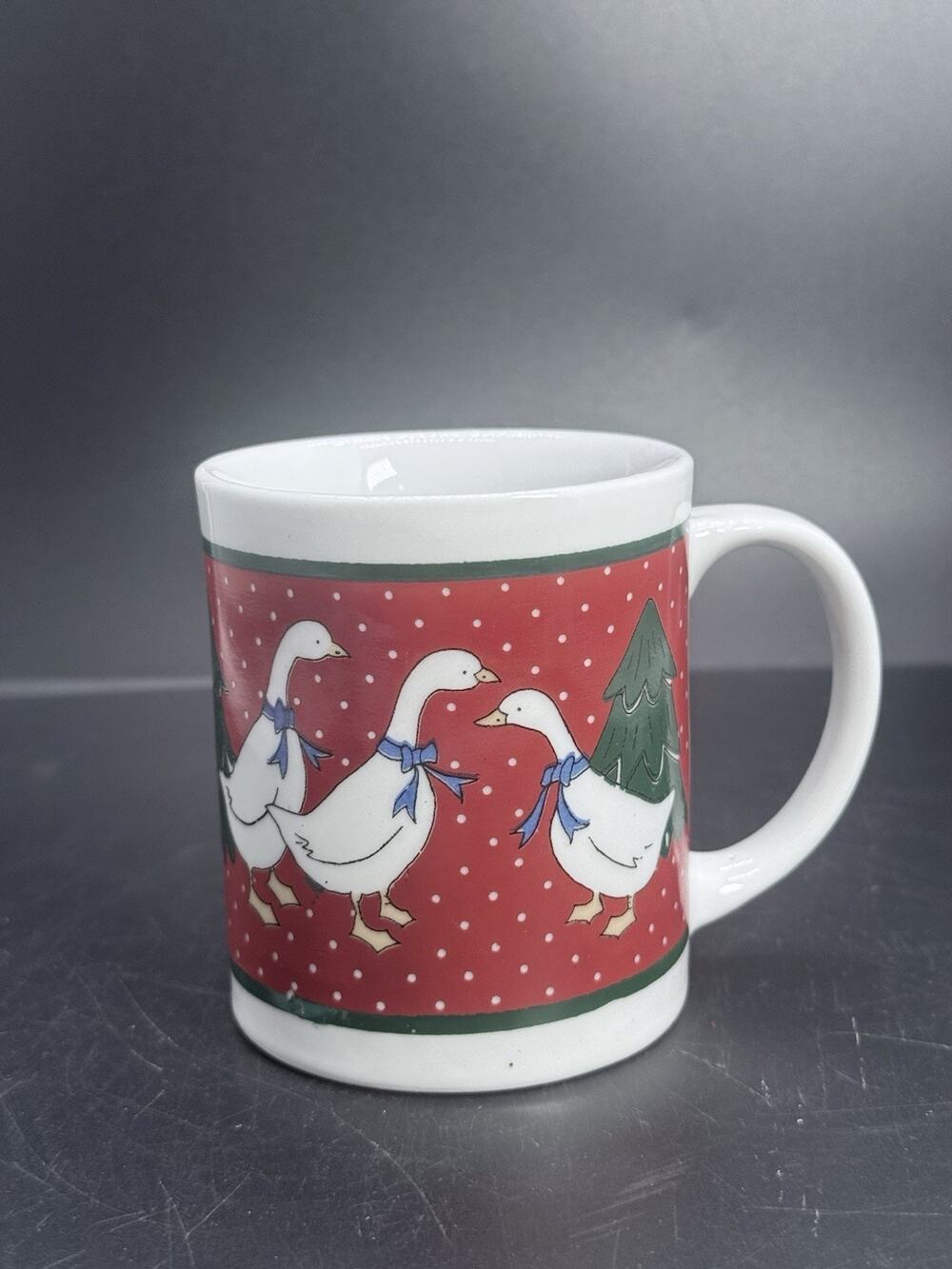Vintage Christmas Coffee Mug Geese Blue Bows Snow Trees Red Green Holiday Cup
